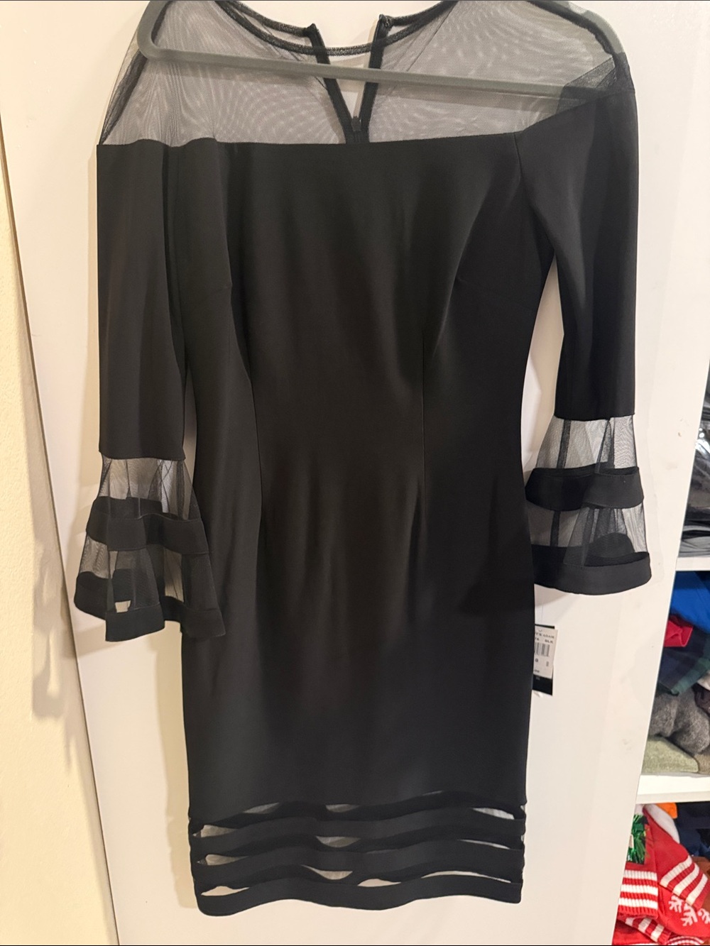 Betsy & Adam Black Sheath Dress with Mesh Yoke & Tiered Bell Sleeves
